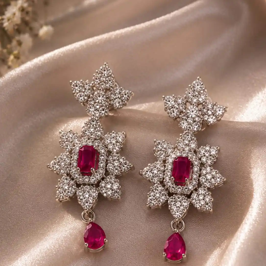 Silver and Pink Stone Delicate Necklace with Earrings