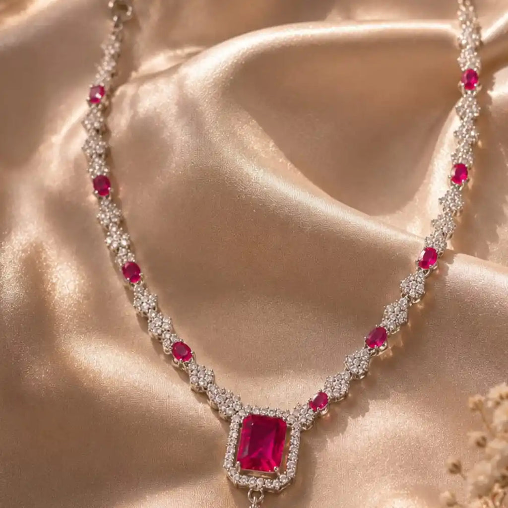 Silver and Pink Stone Delicate Necklace with Earrings