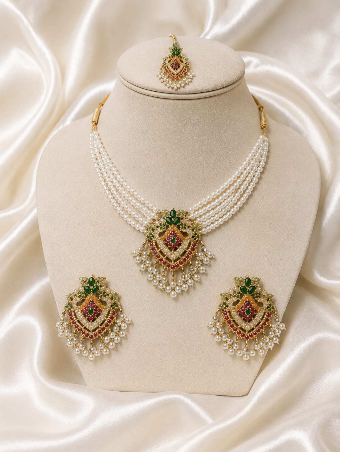 Green necklace set with white pearls
