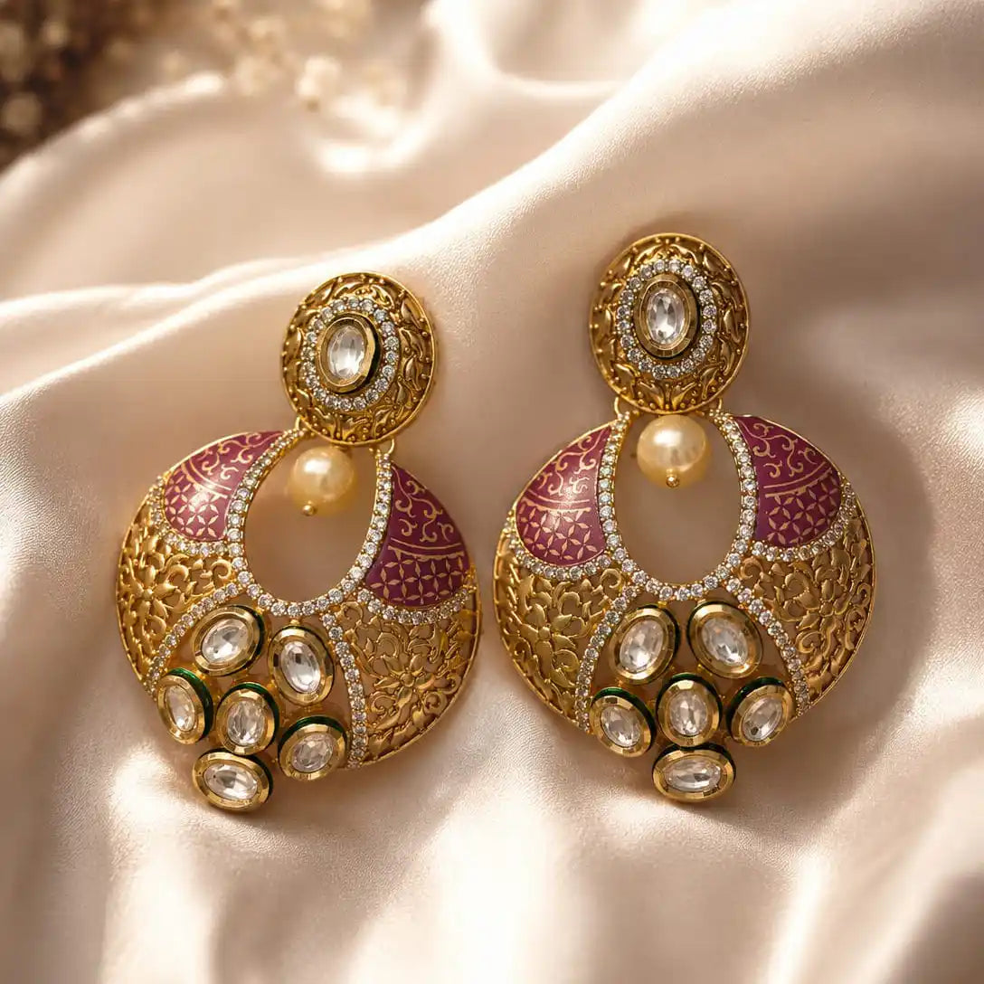 Gold and Pink Kundan Earrings