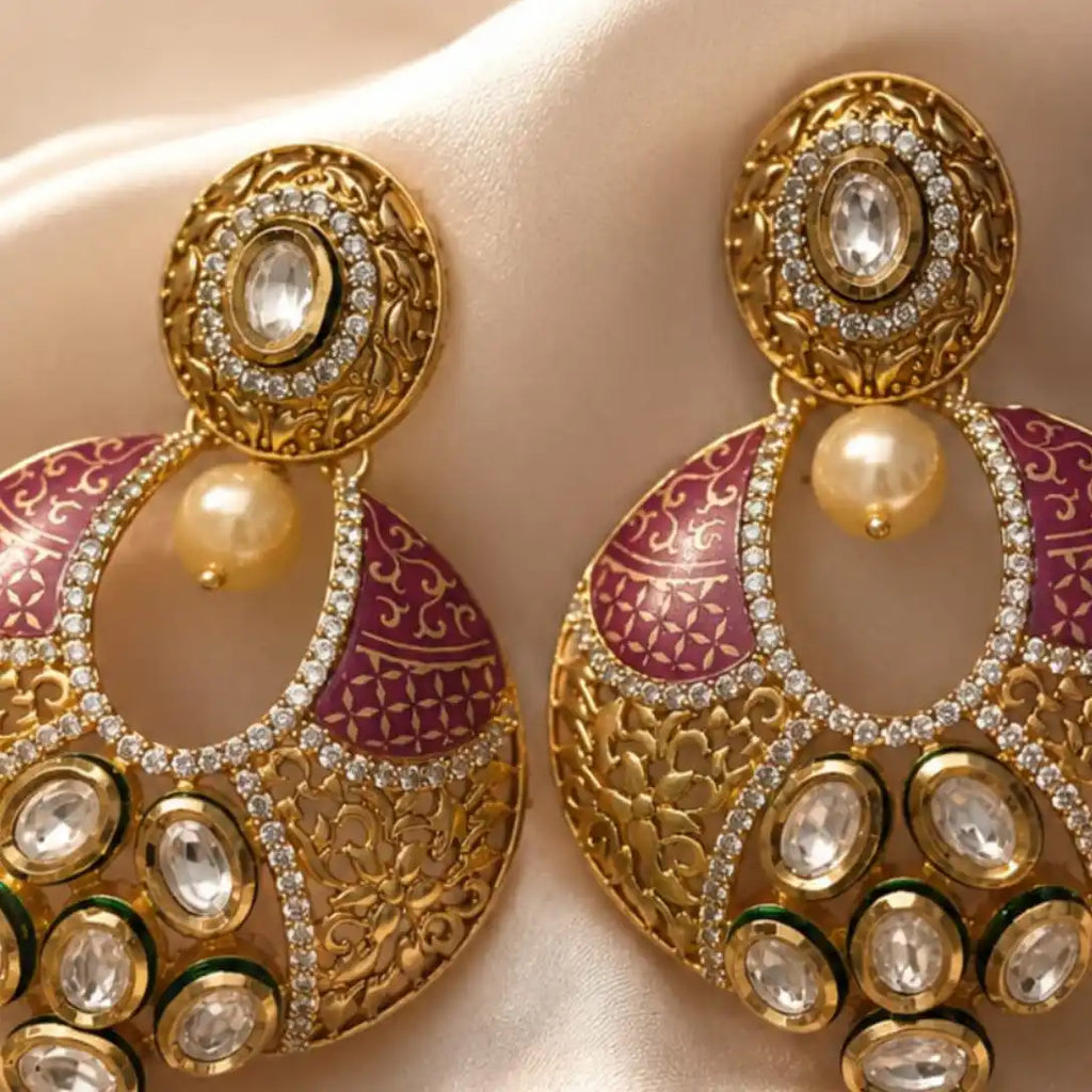 Gold and Pink Kundan Earrings