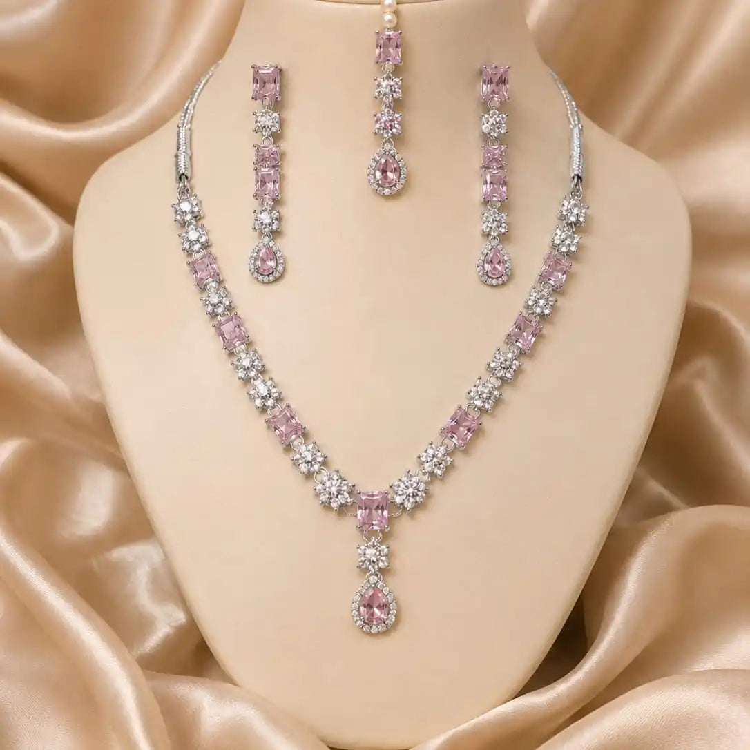 Silver and Baby Pink Necklace Set