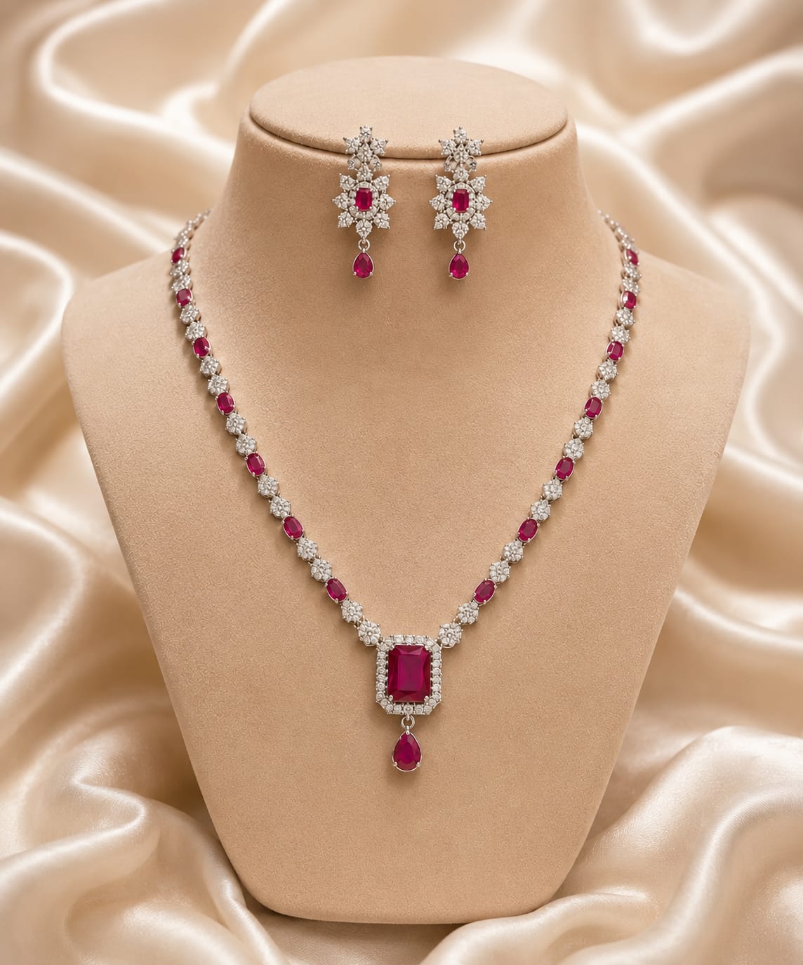 Silver and pink delicate necklace with earrings