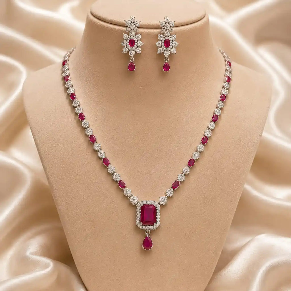 Silver and Pink Stone Delicate Necklace with Earrings