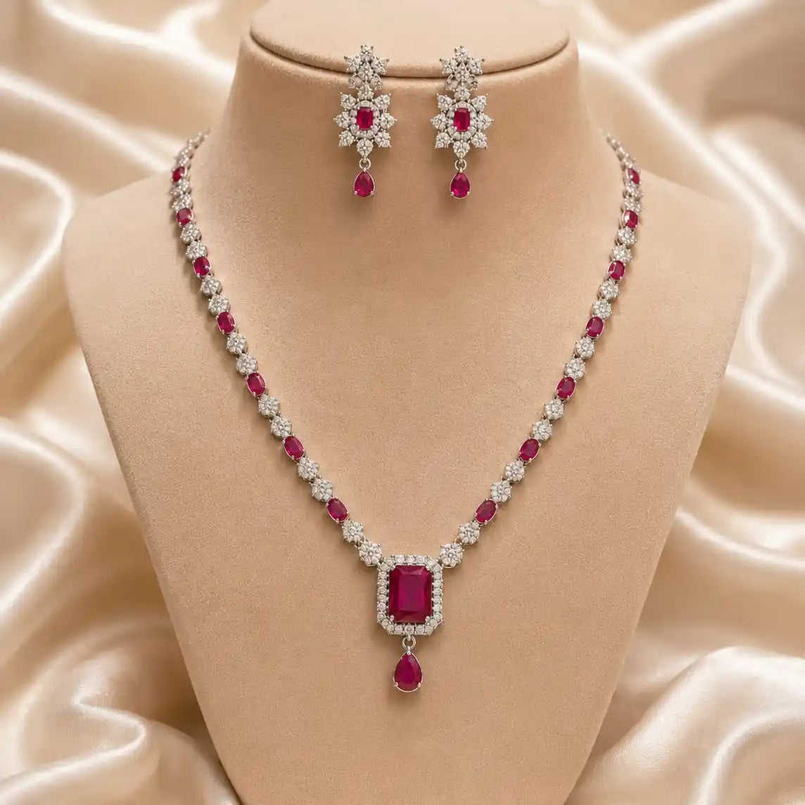 Silver and Pink Stone Delicate Necklace with Earrings